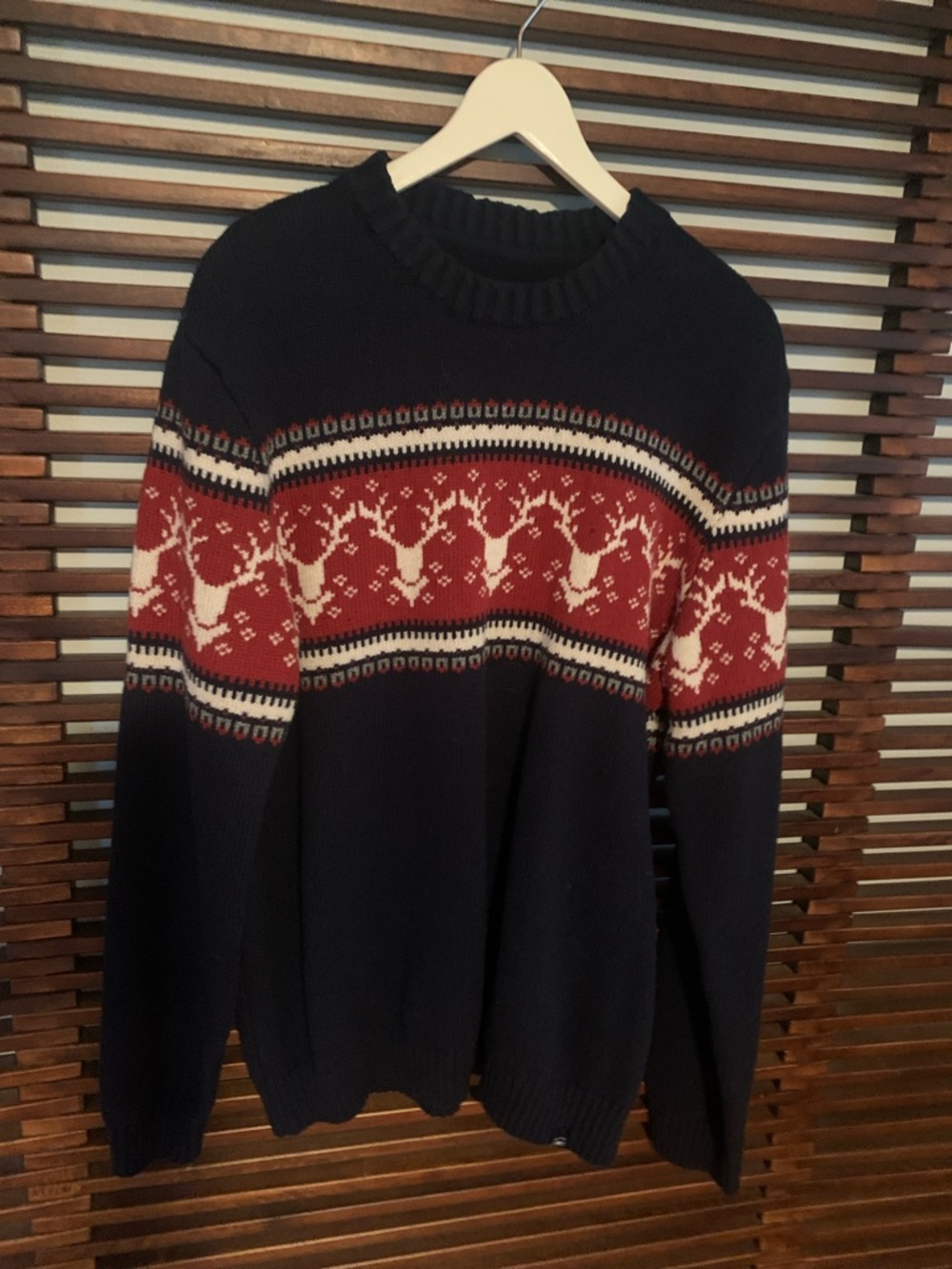 Fat Face Navy Crewneck Sweater with Red and Cream Reindeer Yoke